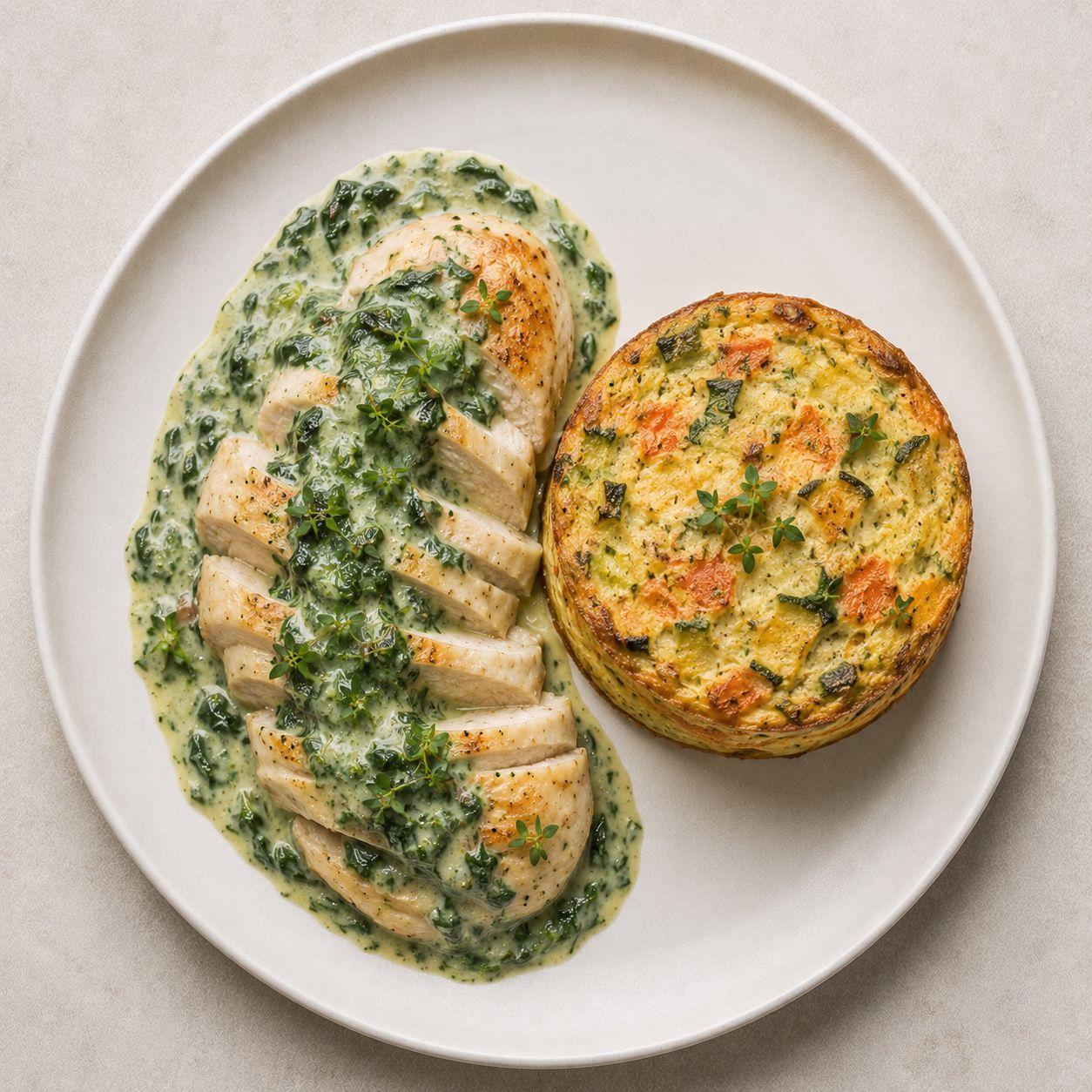 Pechuga con salsa de espinaca y souffle de verduras